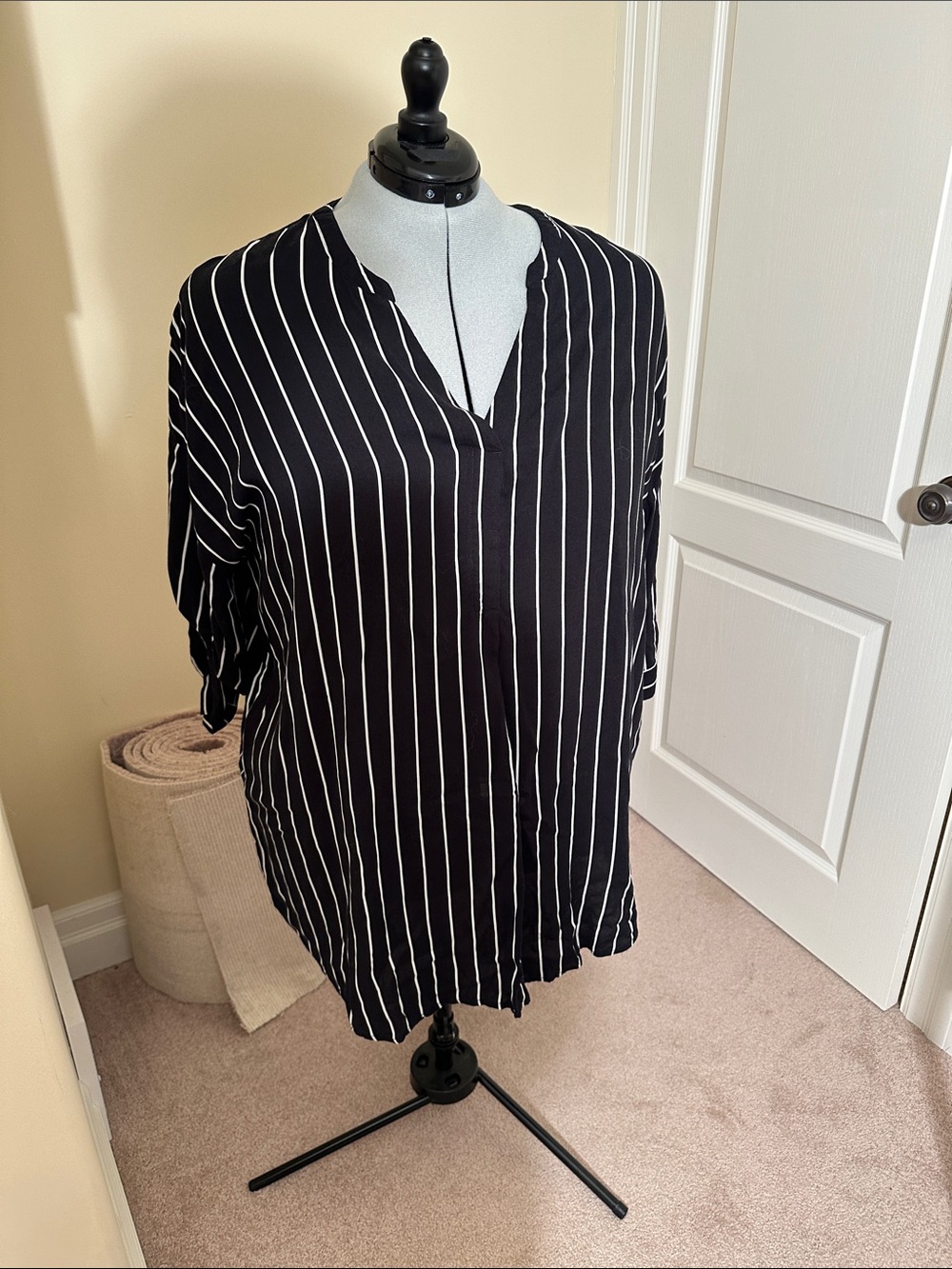 Black & White Vertical Stripe V-Neck Blouse